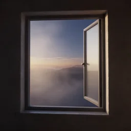 Photorealistic window open to space, octane render, HD, volumetric lighting, mist, twilight, high details