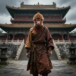 a monkey dressed as a shaolin (((monk))), standing in front of an ancient chinese palace, cinematic, dramatic lighting, digital art, artstation, greg rutkowski