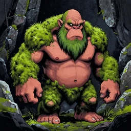 scandinavian big mountain troll portrait by ruan jia, moss and vegetation growing on the troll and rocks and stone dark mystic, bold colors and line. chip zdarsky