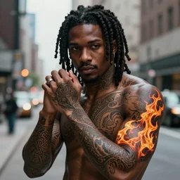Realistic Black man with fire tattoos, Dreadlock hair, city background, artistic pose, light atmosphere, cinematic shot, intricate, ornate, photorealistic, ultra detailed, realistic, 100mm, photography, octane, high definition, depth of field, bokeh, 8k, artstation