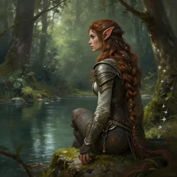 rogue kaitlin olsen in forest looking at lake, female, tabaxi, forest, d & d, fantasy, intricate, elegant, highly detailed, digital painting, artstation, octane render, concept art, matte, sharp focus, illustration, hearthstone, art by artgerm and greg rutkowski and alphonse mucha