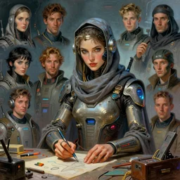pulp scifi fantasy illustrations of character concepts, cyber punk girl, burka, futuristic design, crafting, diy, by norman rockwell, roberto ferri, daniel gerhartz, edd cartier, jack kirby, howard brown, ruan jia, tom lovell, jacob collins, dean cornwell, astounding stories, amazing, fantasy, other worlds