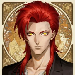 portrait of hisoka morow hunter hunter, male, sharp jaw yellow eyes narrow sultry eyes red hair soft bunched hair swept back crimson medium length hair, anime, fantasy, intricate, elegant, highly detailed, digital painting, artstation, concept art, matte, sharp focus, david bowie inspired art by artgerm and greg rutkowski and alphonse mucha