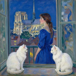 woman in indigo dress with city with cathedral seen from a window frame at night. fuzzy white cat. monet, henri de toulouse - lautrec, utamaro, matisse, felix vallotton