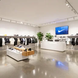 1 8 mm photograph atmospheric, realistic lighting, reflections, symmetry, balance. large nike boutique flagship retail. white walls. polished concrete floor. display tables with shoes and clothes. low ceilings with downlights and spots. white corian and oak furniture. impressive counter. large digital screens on walls. verdant plants
