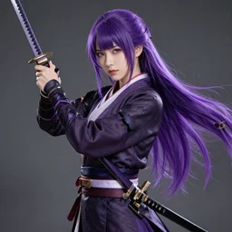 beautiful female warrior with long purple hair and katana