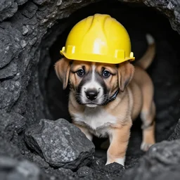 puppy working in a coal mine, wearing hard hat, extreme telephoto zoom,