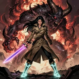 comic book art of a [ woman ] with [ long black hair ] holding a [ neon sword ], [ soldier ] in trenchcoat with [ glowing ] boots, in [ battle ] with a [ giant ] dark horned creature from hell, illustration artstation arcane by tim doyle