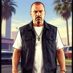 Walter white in GTA V, cover art by Stephen Bliss, artstation, no text