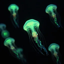 underwater black background picture of a school of jellyfish, black background, colorful bioluminescence green glow, abyssal, 3 d octane render, very detailed, national geographic, studio lightning, 8 k, high definition