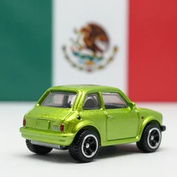 3 5 mm photo of metallic green lime nissan micra like hot wheels model with a mexico as background, epic cinematic, epic lighting