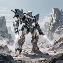 armored core v by liam wong, fromsoftware, booster flares, laser rifles, smoke, karst landscape, ; wide shot, dark blue sky, cloud, empty wilderness ground ; digital painting, cinematic contrast, dynamic backlighting, sharp edge, motion blur,