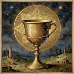 the sacred cup of understading, an alchemical art illustration, medieval manuscript illustration, occult art, alchemical diagram, sacred geometry