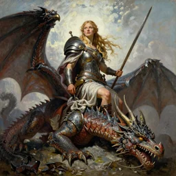 A beautiful oil painting of a viking woman posing over a slain dragon, by Lucas Graciano, Frank Frazetta, Greg Rutkowski, Boris Vallejo, epic fantasy character art, goddess of war, high fantasy, Exquisite detail, post-processing, low angle, masterpiece, cinematic