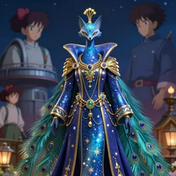 3 d model of an ethereal colorful blue starry fox peacock character accented in gold, wearing star filled magic imbued mage robes, wearing lots of gold jewelry and gems, set in observatory at night, art by yuji ikehata, background art by miyazaki, realism, resident evil, fully clothed, cgi, gaming