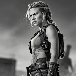 angry scarlett johansson as mad max, intricate detail portrait, dramatic lighting hyper detail, black and white, full body profile
