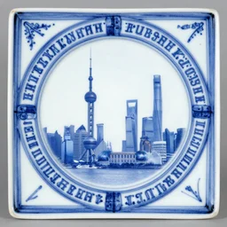 blue - and - white porcelain tablet with abraxas iconography and a flat image of shanghai