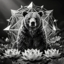 detailed, black and white, a bear surrounded by lotus flowers and geometry