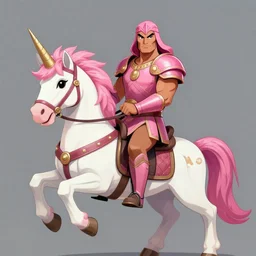 conan the barbarian wearing pink armor and riding a unicorn