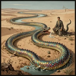 desert river serpentine crinoid monster with reptilian iridescent scales, maximalist art nouveau, cgsociety, artstation by gustave dore and tyler edlin