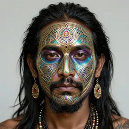 a medicine man with a face made of ornate sacred geometry, psychedelic, iridescent 8 k