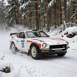 a 1 9 9 4 nissan fairlady z version s twin turbo, racing through a rally stage in a snowy forest