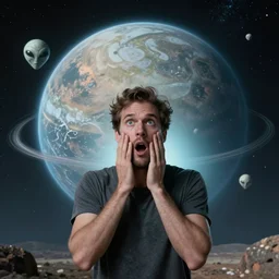 a man astonished by an alien planet, digital art