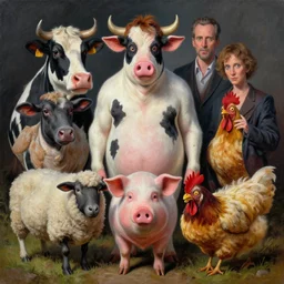 a hyper detailed painting of an anthropomorphic joaquin phoenix, cow, pig, sheep, chicken, horror, by anna podedworna, by miklos ligeti, by diego maricato, by taran fiddler, by antonino truisi, by chris reddie, by jinsung lim, trending on artstation