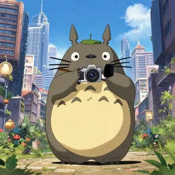 totoro doing tourism with a photocamera, in the big city, europe, skyscrapers, fantasy digital art, wow, stunning, ghibli style, hight quality