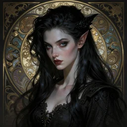 Necromancer Sorceress, fantasy magic, undercut hairstyle, dark light night, intricate, elegant, sharp focus, illustration, highly detailed, digital painting, concept art, matte, art by WLOP and Artgerm and Greg Rutkowski and Alphonse Mucha, masterpiece
