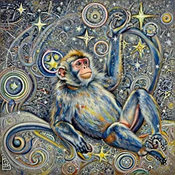 blue monkey lying on his back looking up at the stars, oil on canvas, intricate, portrait, 8 k highly professionally detailed, hdr, cgsociety