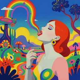 a colorful vibrant psychedelic landscape licking a tab of lsd acid and dreaming psychedelic hallucinations, female form, by moebius, edward hopper and james gilleard, zdzislaw beksinski, steven outram colorful flat surreal design, hd, 8 k, artstation