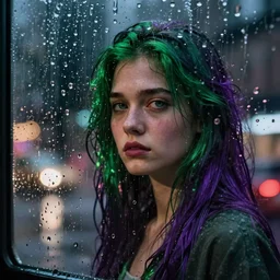 there's so many raindrops on the window that you can barely make out the sad model on the other side photographed by Mark Seliger, green and purple hair, nighttime, city light reflections
