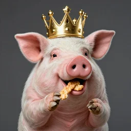 studio photograph of a smiling pig depicted as a muppet wearing a gold crown eating snacks