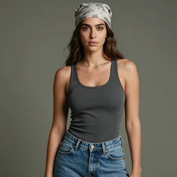 a rough, young, and athletic woman, wearing a headscarf, a tank top, and jeans, by donato giancola.