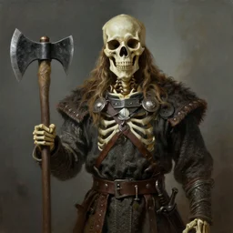 an portrait of an skeleton wearing a viking robe and holding an axe, Matte painting , detailed painting, made by Greg Rutkowski, 4k resolution, atmospheric, extremely high detail