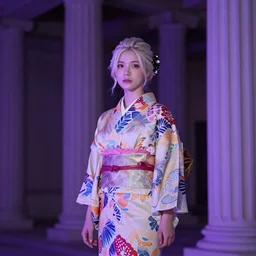 stunning, breathtaking, awe - inspiring award - winning photo, extremely moody purple lighting, 8 k, an attractive beautiful blonde white fairy wearing a colorful yukata in front of roman columns