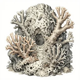 fantastical storybook form, depth, internal contours, gouache and ink watercolor of coral life nuanced shading stunning extravagant rocky sea floor glimmering thin details mixed media aged fresco, abandoned scuba visor cracked multifaceted photo of a painting