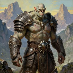 A powerful large fanged orc with pale skin covered in scars stands near the mountains, wearing spiky complex detailed armor without a helmet. Extremely high detail, realistic, fantasy art, scars, solo, masterpiece, saturated colors, art by Zdzisław Beksiński, Arthur Rackham