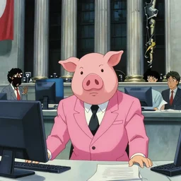 a man wearing a pink suit and a pink pig mask working at a stock exchange, anime film still from the an anime directed by Katsuhiro Otomo with art direction by Salvador Dalí, wide lens