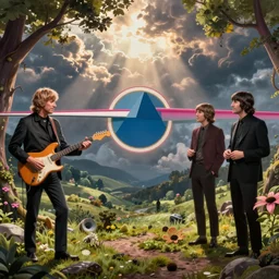 the band pink floyd duel against the beatles senior artist, fantasy art, matte painting, storybook illustration
