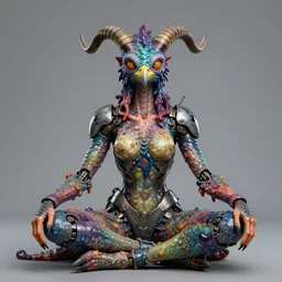 a portrait photograph of a meditating horned sadie sink as a colorful harpy super hero with mutated slimy wet scaled skin. she is trying on a mechanical suit and transforming into a slick amphibian. by tom bagshaw, donato giancola, hans holbein, walton ford, gaston bussiere, peter mohrbacher and brian froud. 8 k, cgsociety