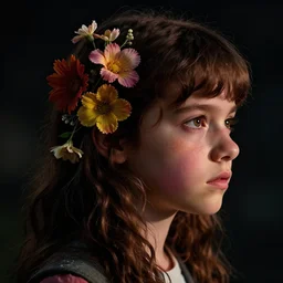 beautiful portrait of Eleven from the stranger things by (((Marco Mazzoni ))) marco mazzoni ,dark ,detailed!! ,(((flowers on hair))) ,portrait, side light!!!