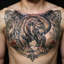 [ chest tattoo of a sabretooth ] deep focus, d & d, fantasy, intricate, elegant, highly detailed, digital painting, artstation, concept art, matte, sharp focus, illustration, hearthstone, art by artgerm and greg rutkowski and alphonse mucha