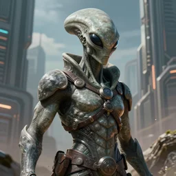 a hyper real comic book style portait painting of a stone statue of an alien in a futuristic city in the background, unreal 5, hyperrealistic, octane render, cosplay, rpg portrait, dynamic lighting