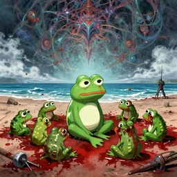 resolution 4k made in abyss design Akihito Tsukushi design body pepe the frog war bloody war wounded frogs sea of blood a bloody conflict visceral military sitting by an ocean of blood the group of pepes sitting at the shore dream like end of evangelion , fractals , pepe the frogs at war, art in the style of and Oleg Vdovenko and Akihito Tsukushi ,Stefan Koidl