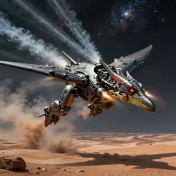 ultra realistic cinematic lighting, lifelike, amazing detail, trending on art station, a pteranodon mecha fighter zooms through the dark primordial maelstrom void of an HR Giger a painted desert valley, contrails of smoke, nebula and cosmic sky, cinematic lighting, engines blazing robotech mecha styling by Jessica Rossier and John Berkey, cinematic, realistic