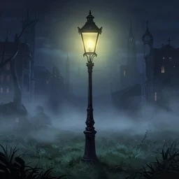 epic illustration of night city with victorian street lamp in a foggy field by tim burton