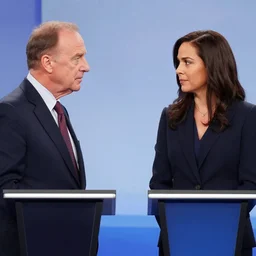 presidential debate between saul goodman and kim wexler, ultra realistic, photorealistic, cinematic
