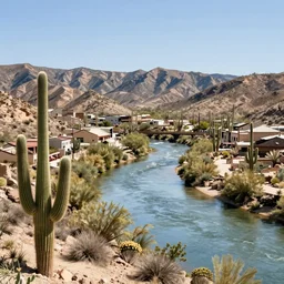 a town in the chihuahuan desert, cacti, surrounded by hills, a river runs through the town, two giant moons fill the sky, pop art, insanely detailed.